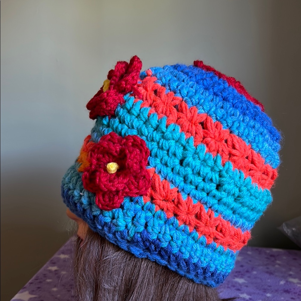 Handmade Colorful Crochet Beanie with heart Accent medium acrylic soft - Picture 8 of 11